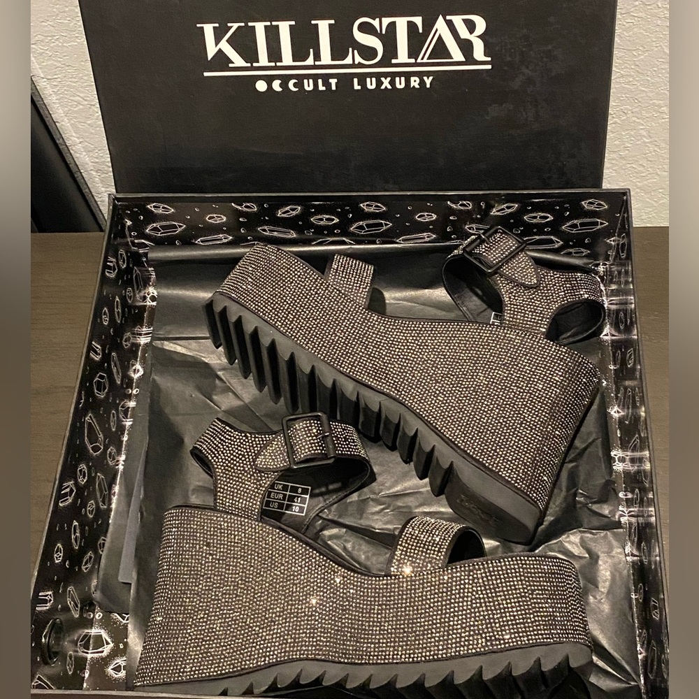 Killstar 🖤 Black Sparkle ✨ Night Queen 👩🏼🎤Platform Sandals 👡 ✨ - Picture 2 of 10